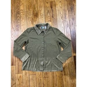 Bold Spirit Button Up Top Velvet‎ Trim Olive Green Casual Shirt Jacket Women's S
